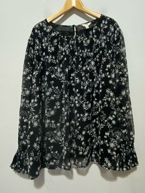 Terra & Sky Semi-Sheer Floral Peasant Long Sleeve Blouse Women's 3X Black/White